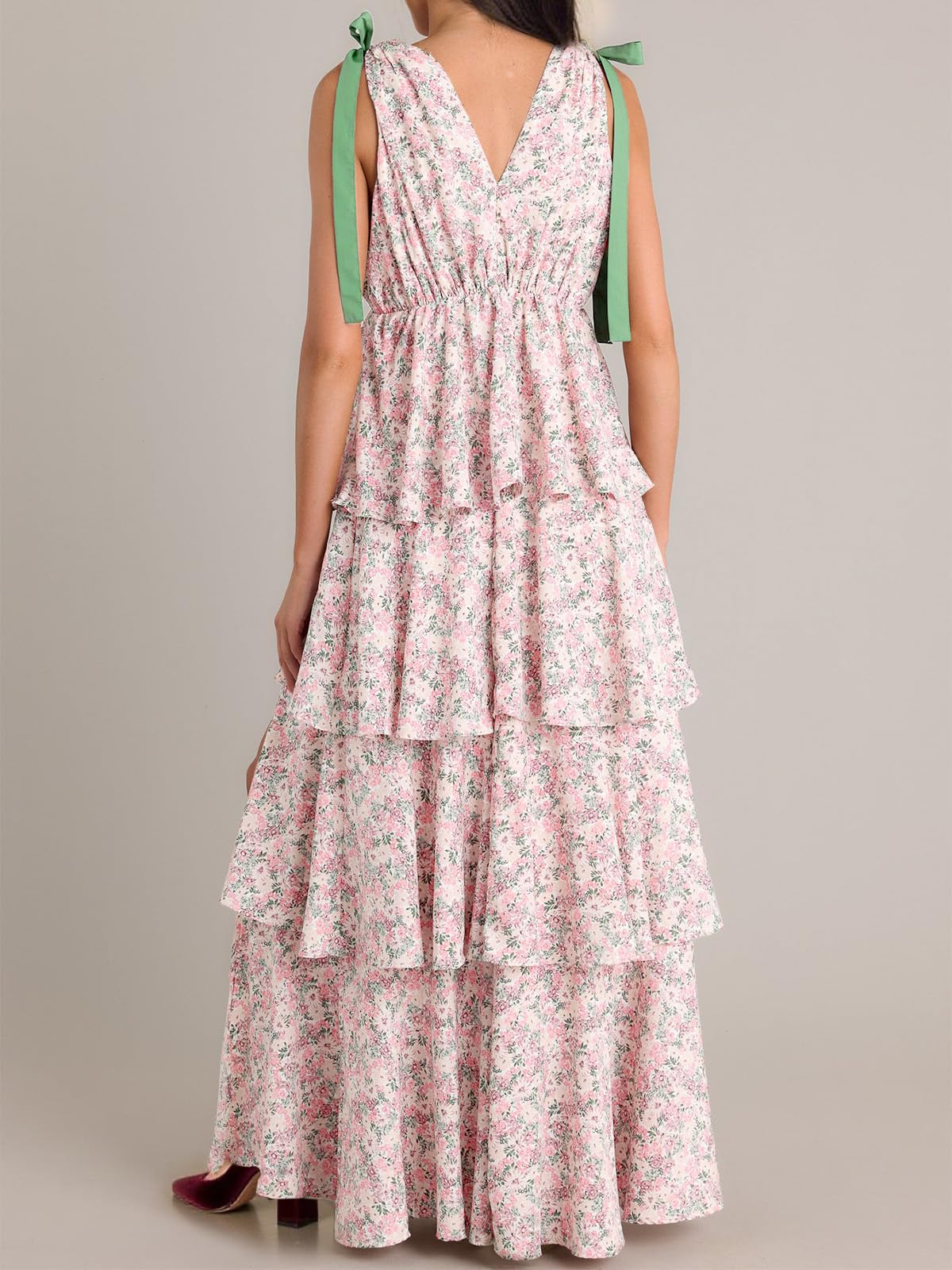 🔥Hot Sale--Women's Boho Floral Tie Strap V Neck Ruffle Tiered Maxi Dress
