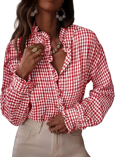 Fashionable women's plaid ruffled V-neck button-down shirt(BUY 2 FREE SHIPPING)