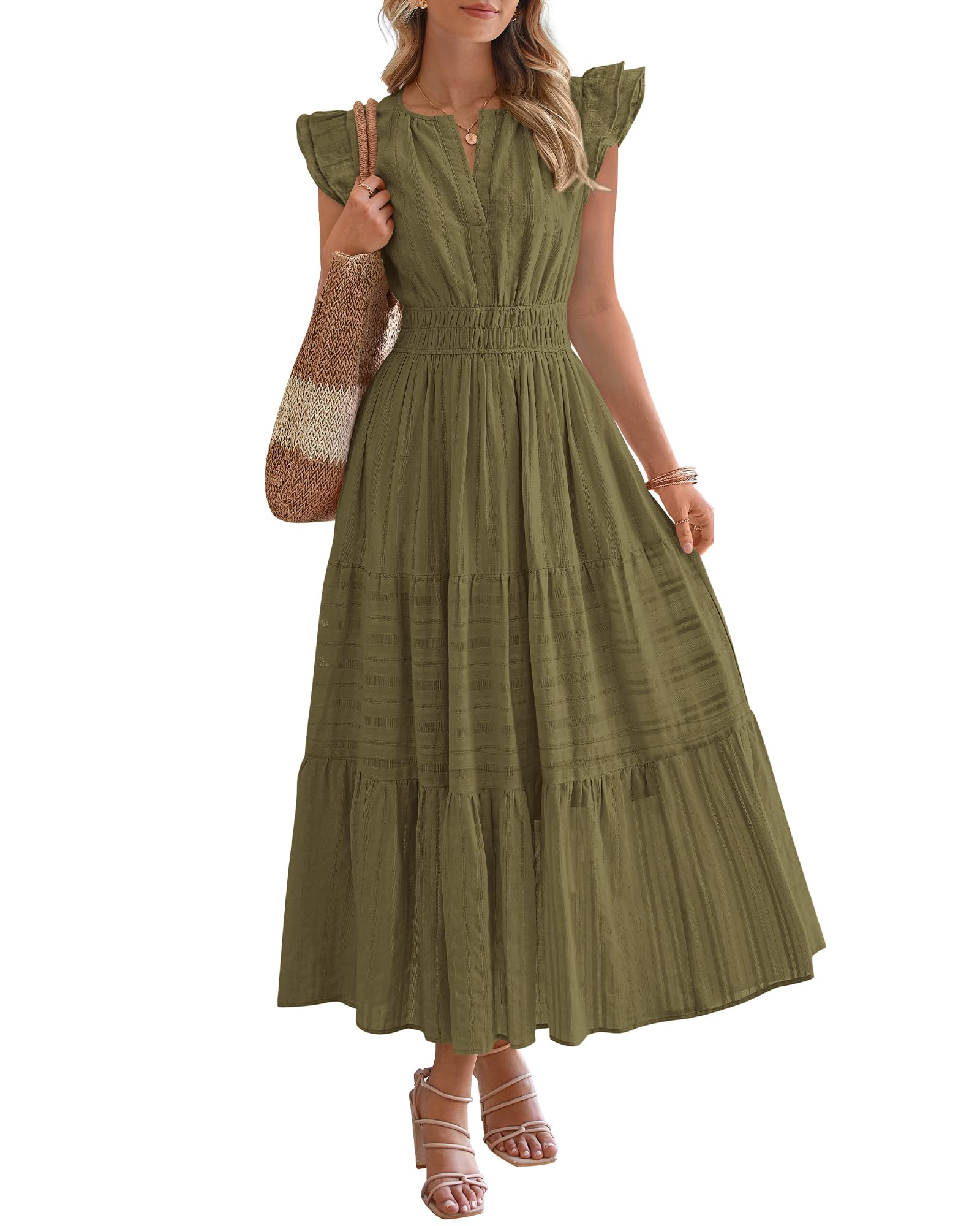 Dresses for Women Spring 2026 Maxi Casual Dress Flutter Short Sleeve V Neck(BUY 2 FREE SHIPPING)