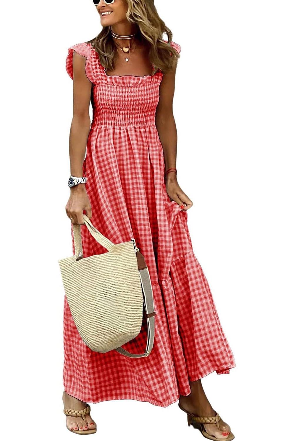Women's Retro Plaid Smocked Dress Spaghetti Strap Flounce Long Dress