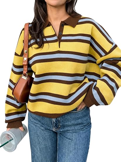 Women's Striped Polo Shirt Casual Pullover Knit Sweater