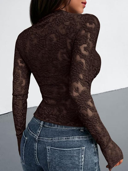 Textured Lace Mesh Long Sleeve Top