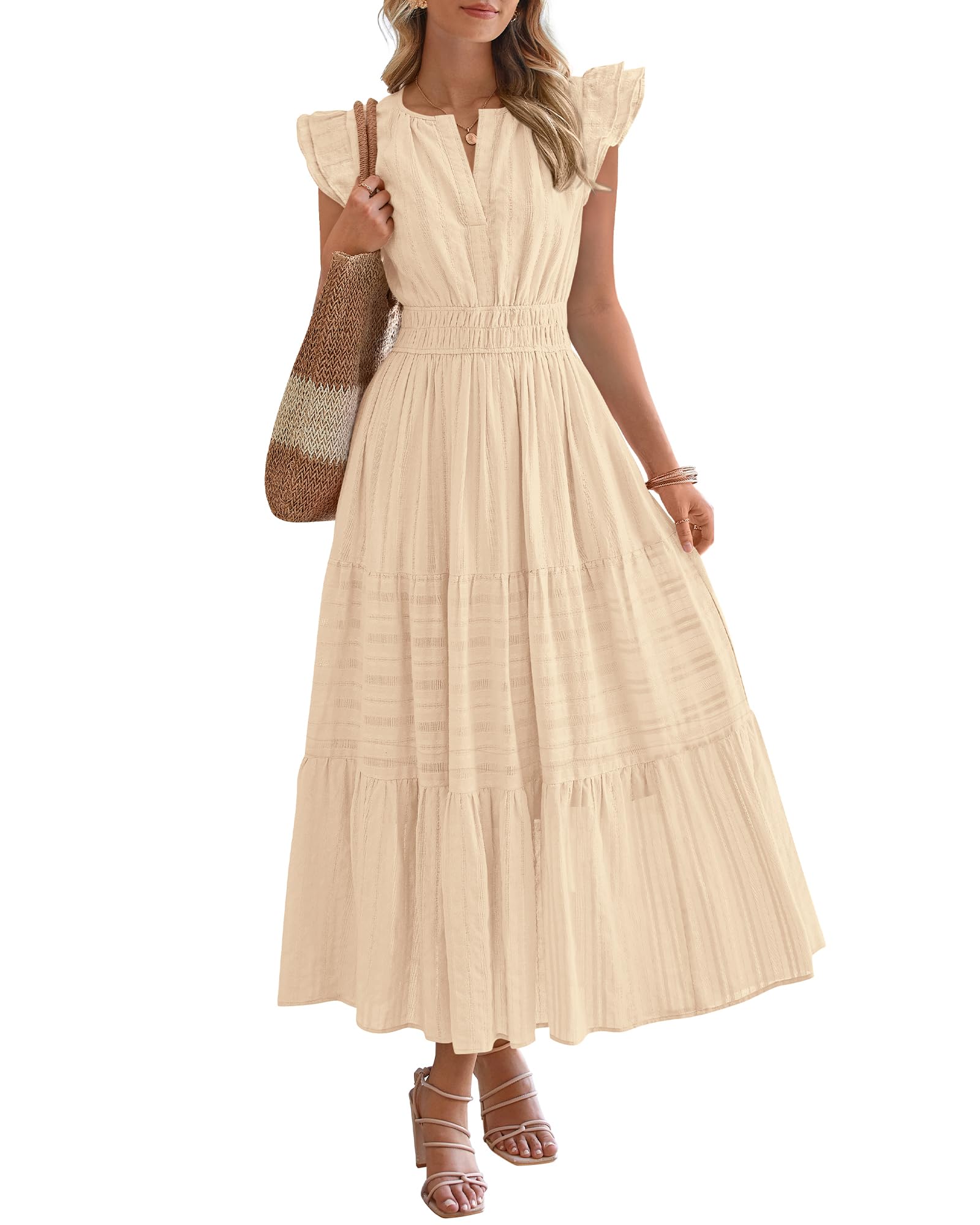 Dresses for Women Spring 2026 Maxi Casual Dress Flutter Short Sleeve V Neck(BUY 2 FREE SHIPPING)