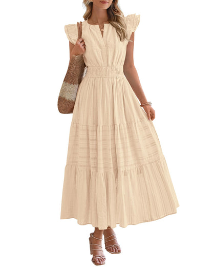 Dresses for Women Spring 2026 Maxi Casual Dress Flutter Short Sleeve V Neck(BUY 2 FREE SHIPPING)