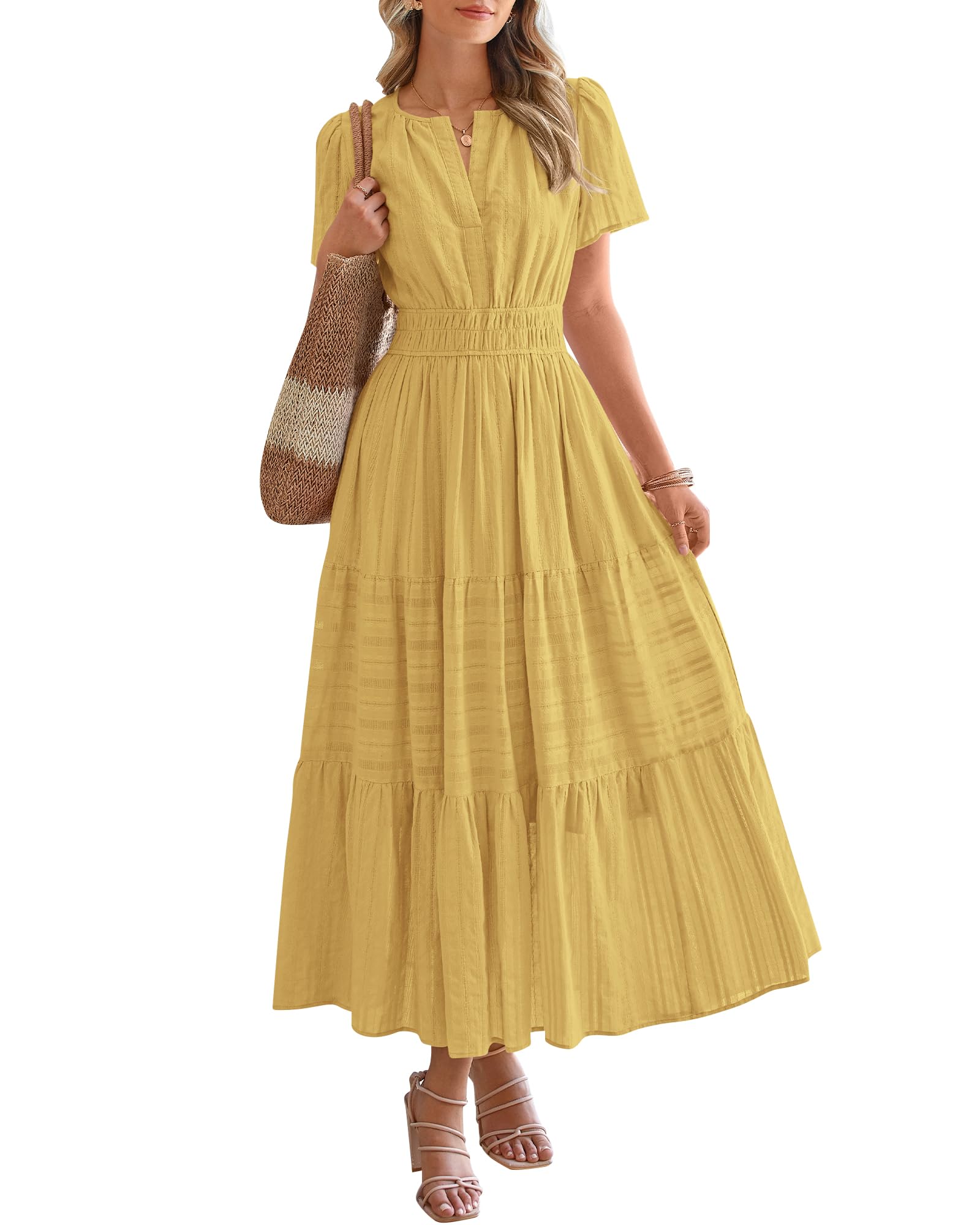 HOT SALE-Women's Lightweight Short Sleeve V Neck Elastic Waist Dresses