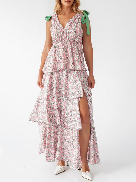 🔥Hot Sale--Women's Boho Floral Tie Strap V Neck Ruffle Tiered Maxi Dress