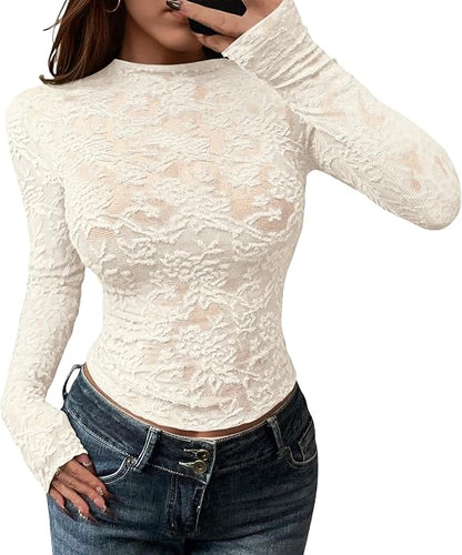 Textured Lace Mesh Long Sleeve Top
