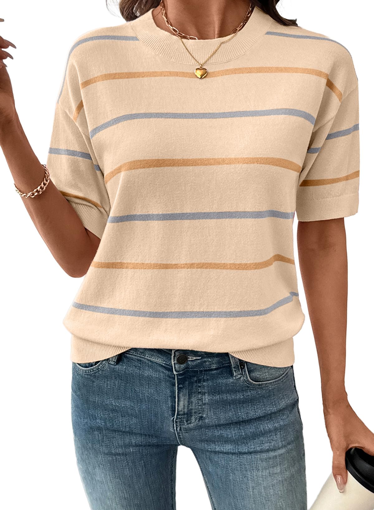 Womens Tops Crewneck Short Sleeve Sweater Pullover Knit Striped Shirt