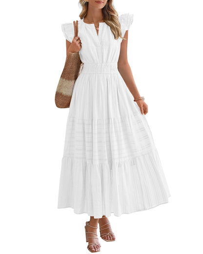 Dresses for Women Spring 2026 Maxi Casual Dress Flutter Short Sleeve V Neck(BUY 2 FREE SHIPPING)