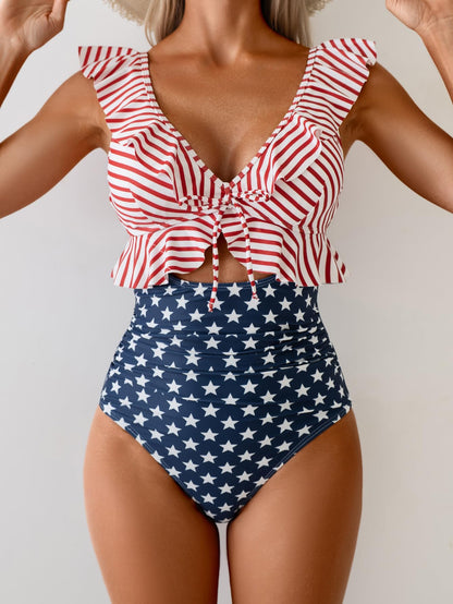 Women Tummy Control Ruffle Bathing Suit V Neck Ruched Swim Suit