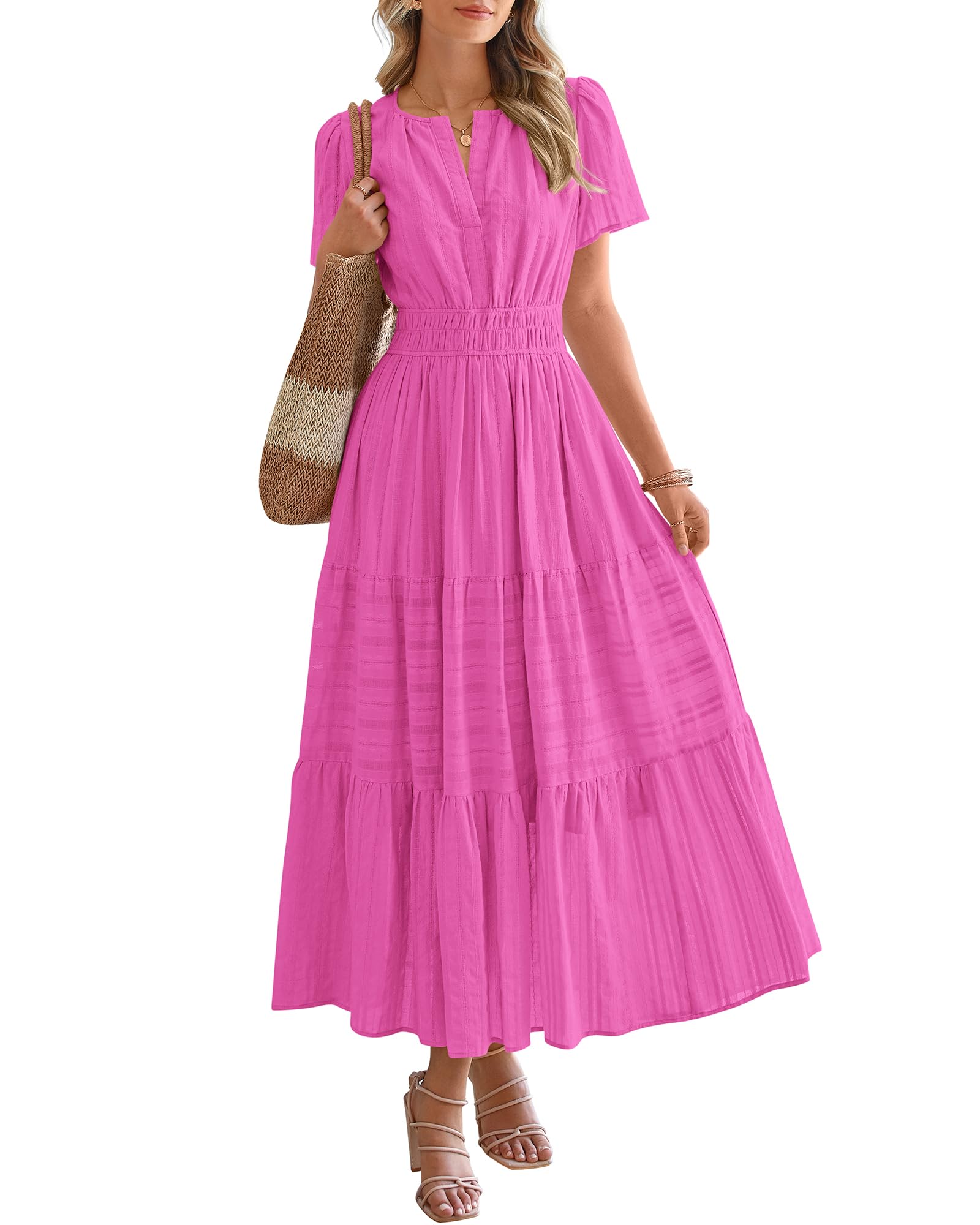 HOT SALE-Women's Lightweight Short Sleeve V Neck Elastic Waist Dresses