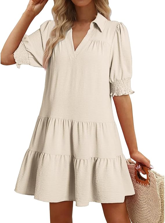 Women's Layered V-Neck Dress with Lapels and Puff Sleeves（BUY 2 FREE SHIPPING)