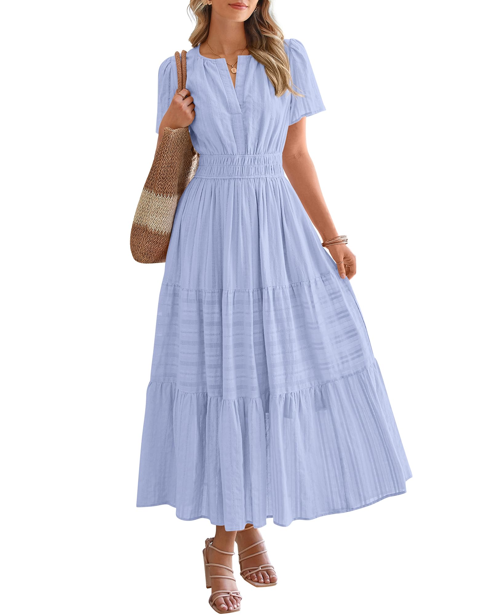 HOT SALE-Women's Lightweight Short Sleeve V Neck Elastic Waist Dresses