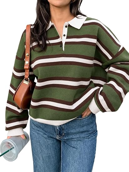 Women's Striped Polo Shirt Casual Pullover Knit Sweater