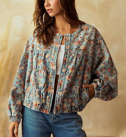 Women Spring Fall Oversized Jean Jacket Trendy Lightweight Y2K Floral Denim Bomber Jacket Coat（BUY 2 FREE SHIPPING)