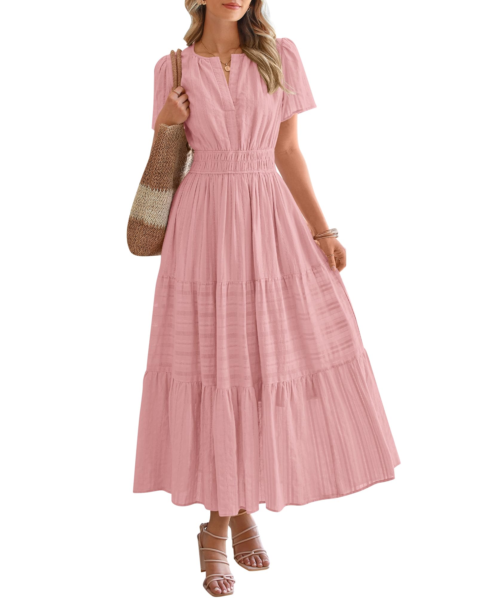 HOT SALE-Women's Lightweight Short Sleeve V Neck Elastic Waist Dresses