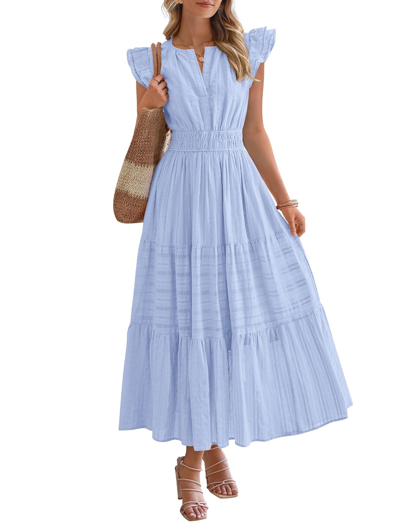 Dresses for Women Spring 2026 Maxi Casual Dress Flutter Short Sleeve V Neck(BUY 2 FREE SHIPPING)