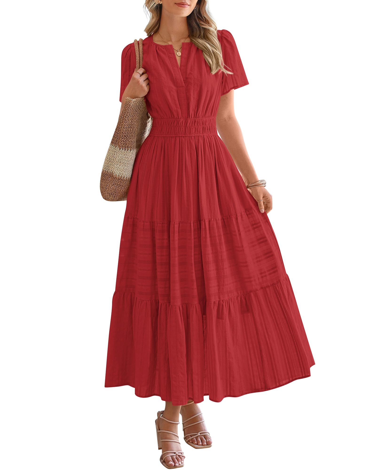 HOT SALE-Women's Lightweight Short Sleeve V Neck Elastic Waist Dresses