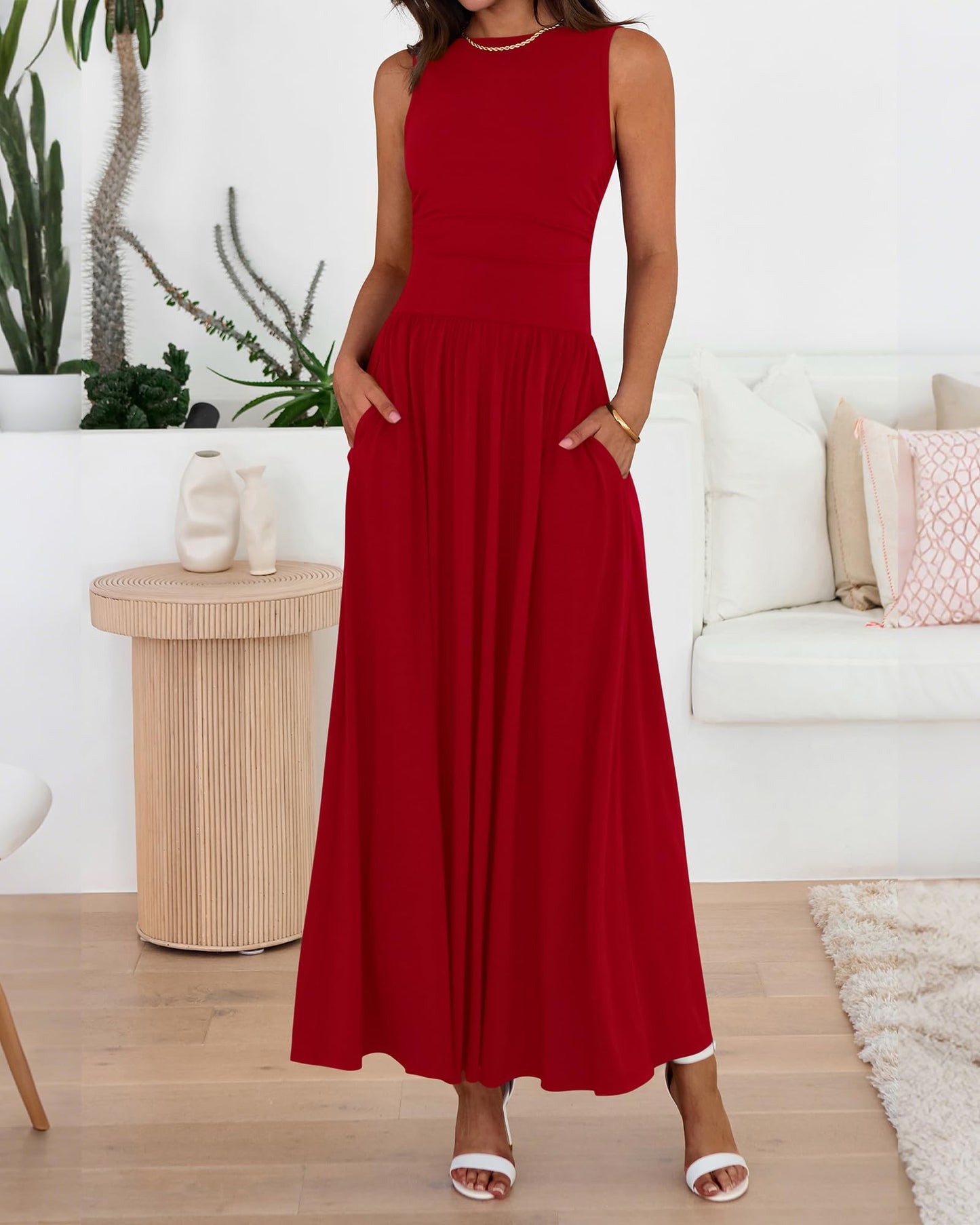Women's Solid Color Sleeveless Waist Pleated Design Dress with Pockets