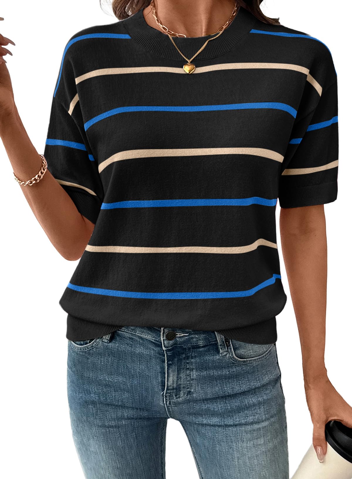 Womens Tops Crewneck Short Sleeve Sweater Pullover Knit Striped Shirt