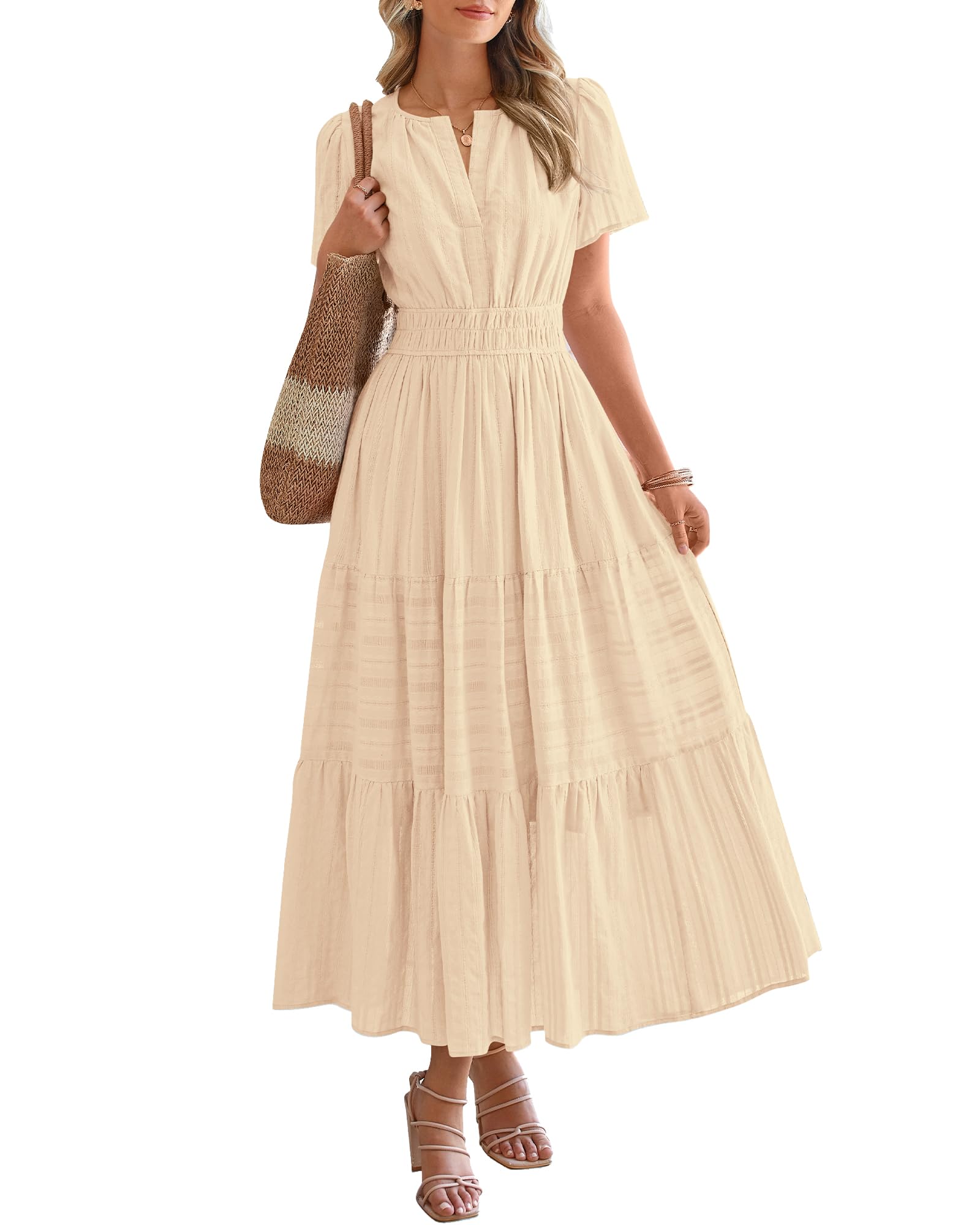 HOT SALE-Women's Lightweight Short Sleeve V Neck Elastic Waist Dresses