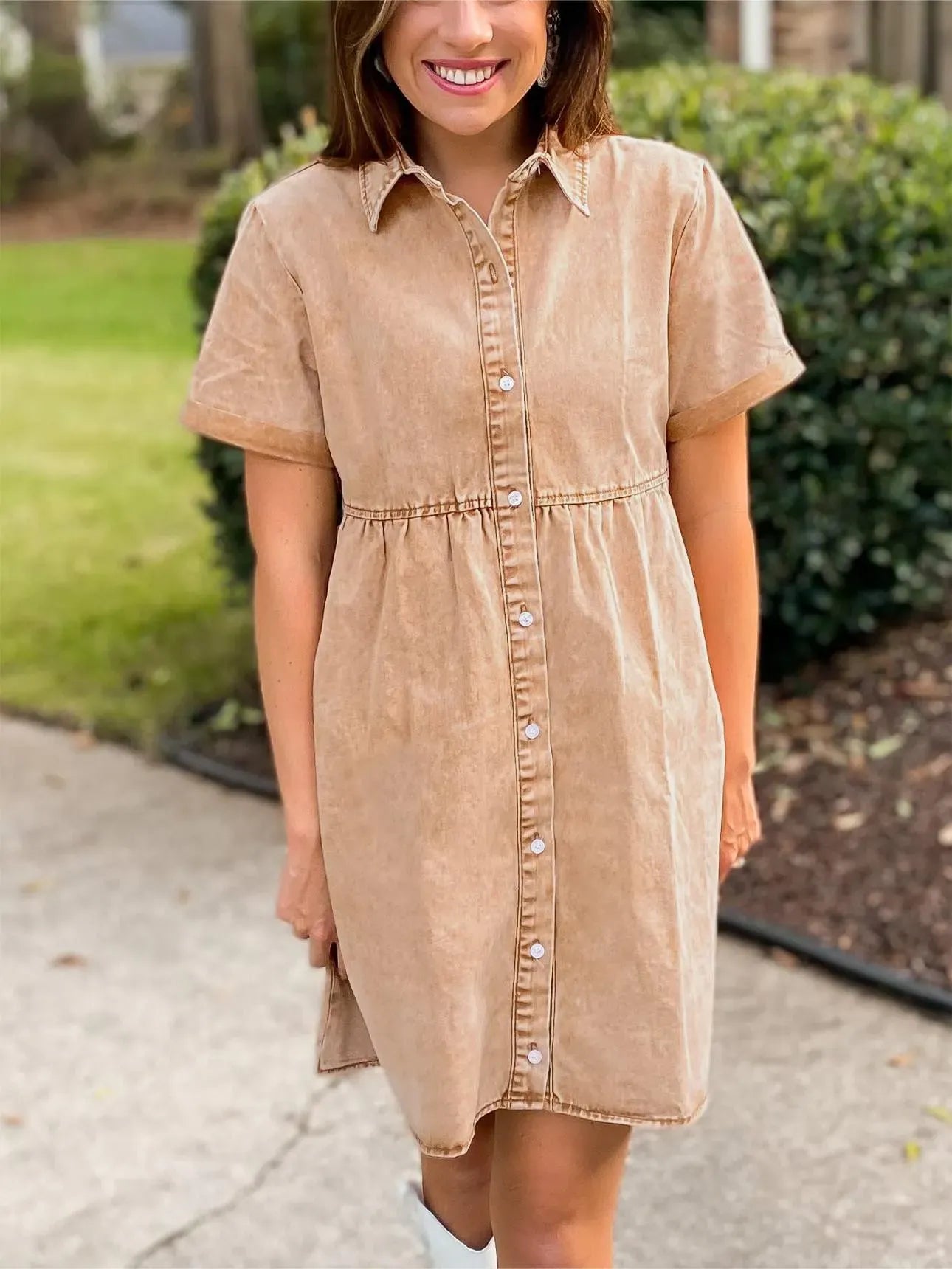 Women's Short Sleeve Button Down Flowy Tiered Babydoll Denim Dress（Buy 2 Free Shipping）