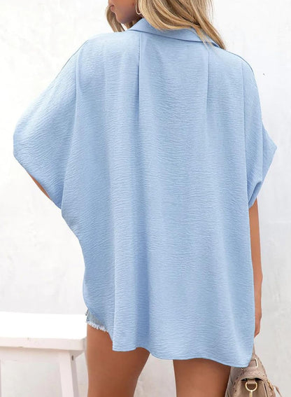 Limited time sale🔥Women's Casual Button Short Sleeve Slit Hem Shirt Solid Color Tops