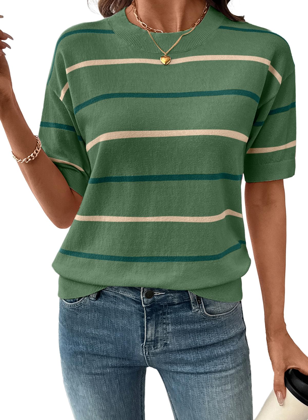 Womens Tops Crewneck Short Sleeve Sweater Pullover Knit Striped Shirt