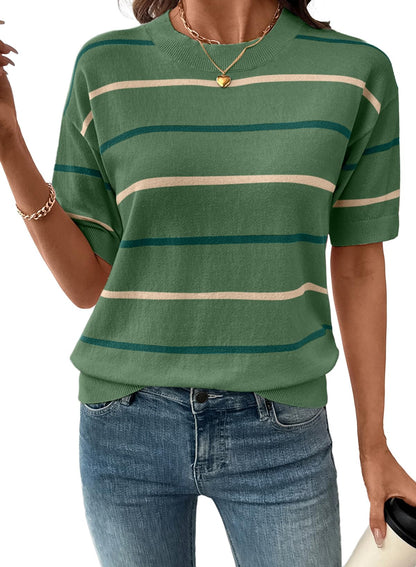 Womens Tops Crewneck Short Sleeve Sweater Pullover Knit Striped Shirt