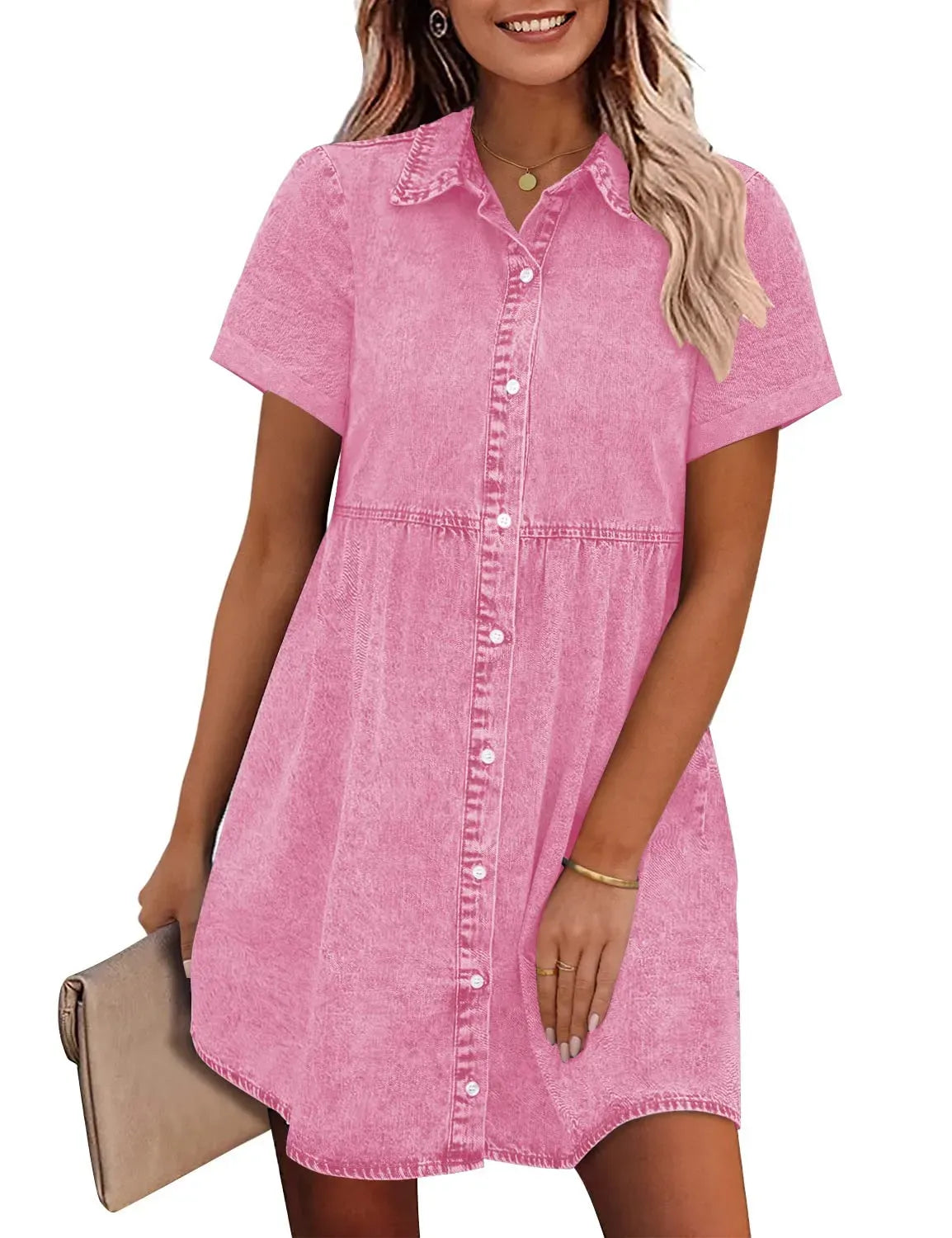Women's Short Sleeve Button Down Flowy Tiered Babydoll Denim Dress（Buy 2 Free Shipping）