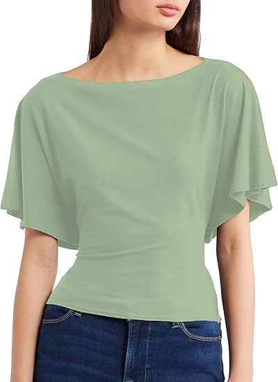 Women's Summer High-Elastic Cropped Round Neck Batwing Sleeve Back Tie T-Shirt（BUY3 FREE SHIPPING)