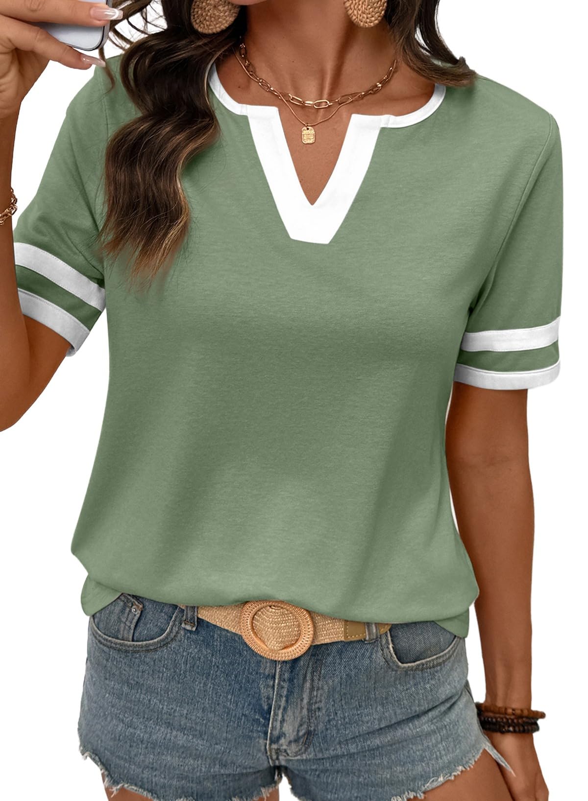 2026 Spring/Summer Women's Casual Colorblock V-Neck T-Shirt