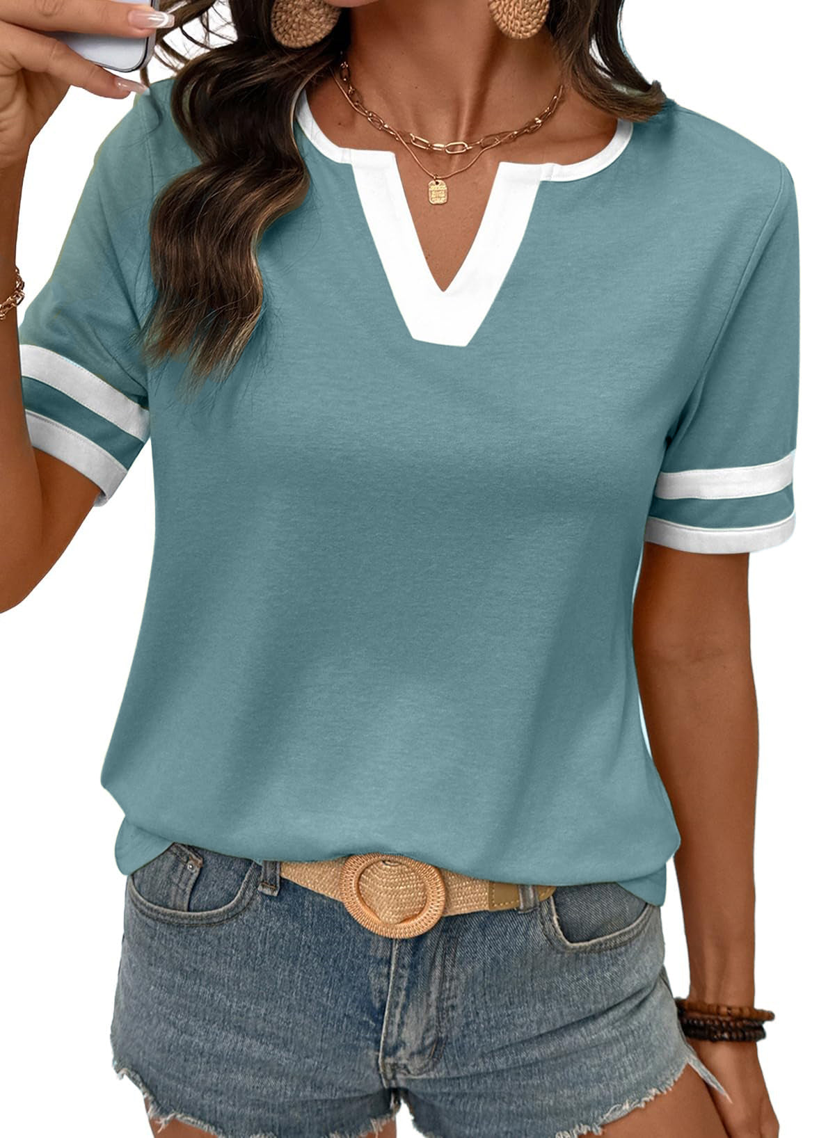 2026 Spring/Summer Women's Casual Colorblock V-Neck T-Shirt