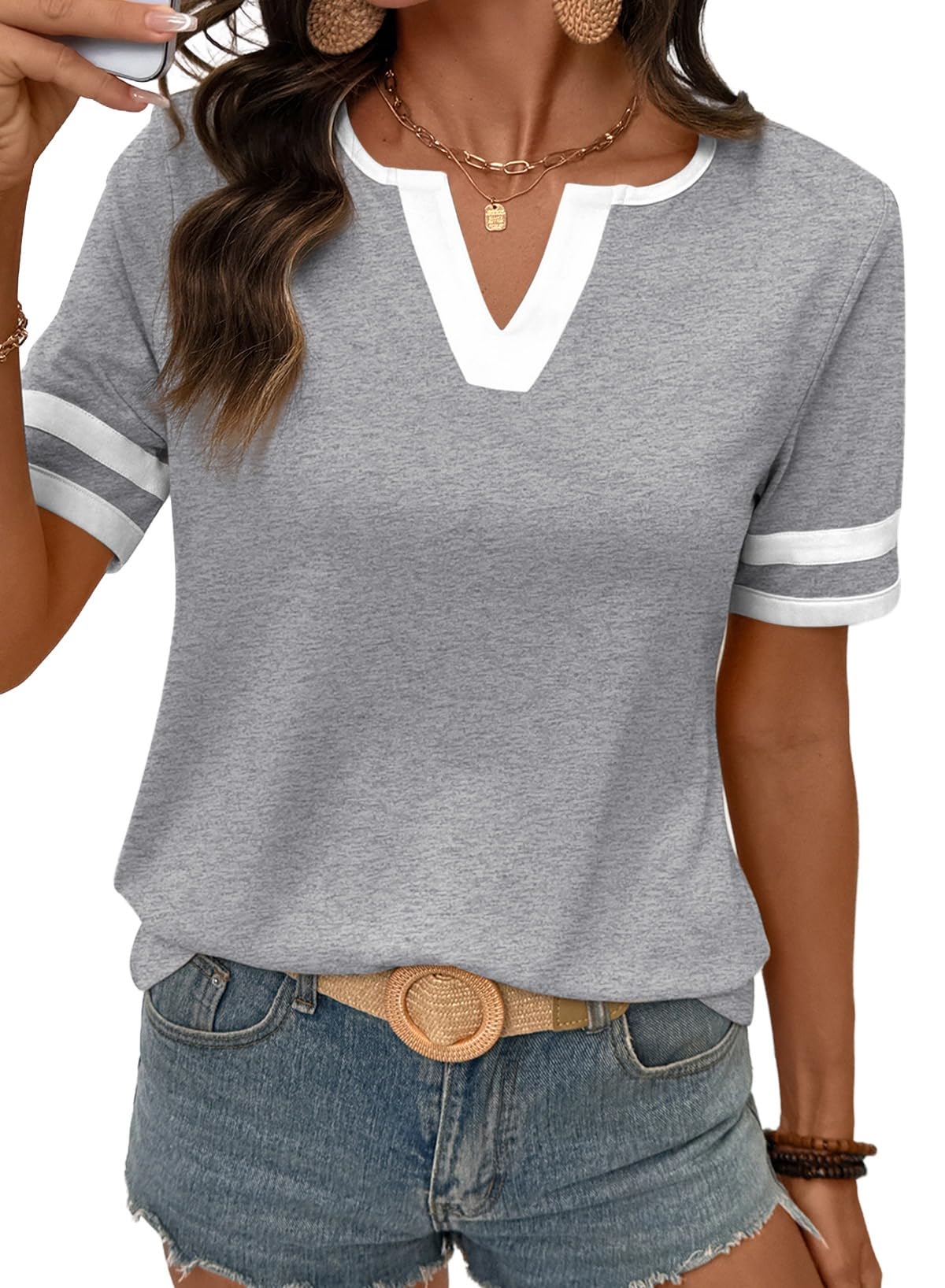 2026 Spring/Summer Women's Casual Colorblock V-Neck T-Shirt