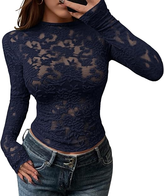 Textured Lace Mesh Long Sleeve Top