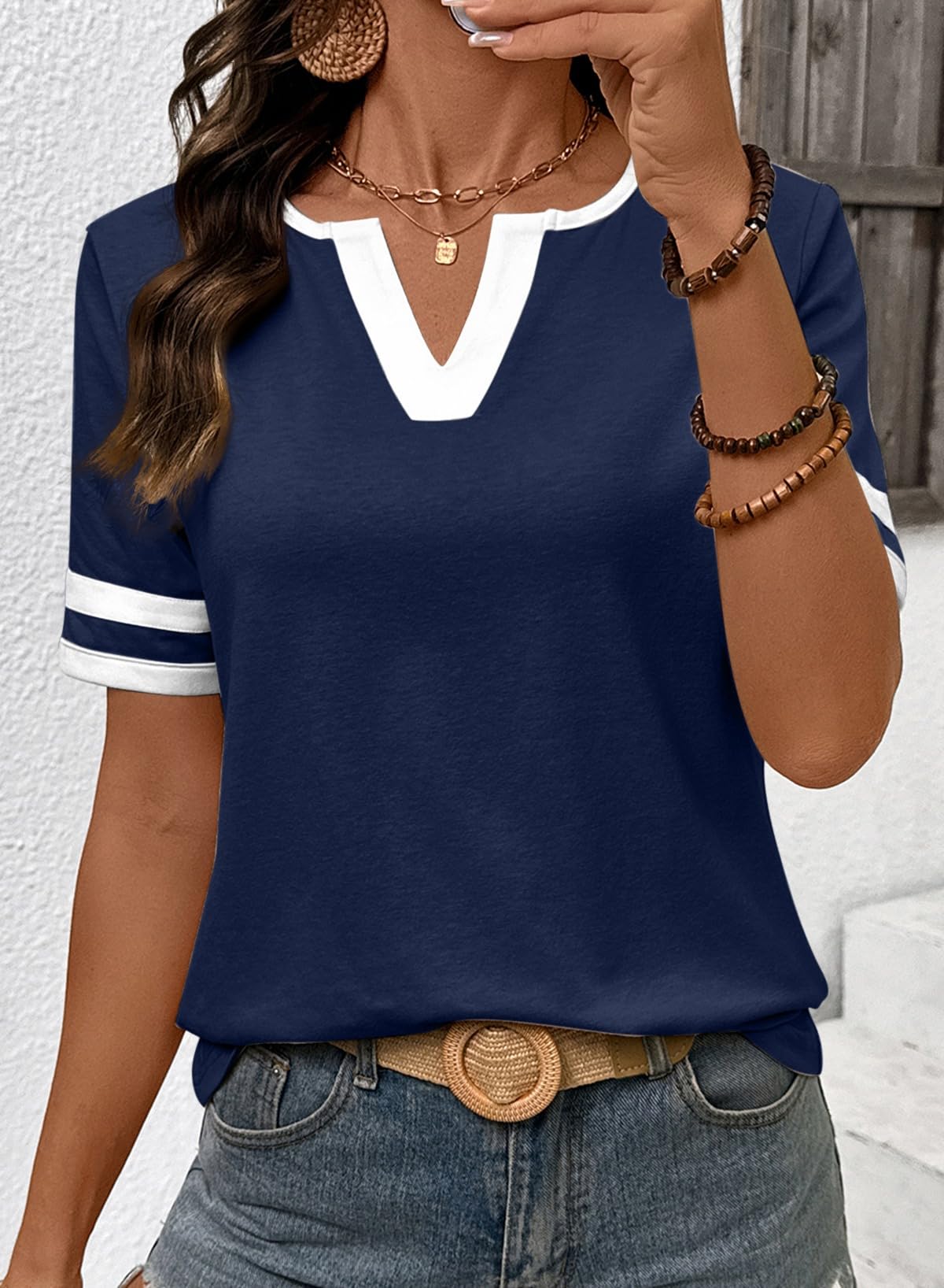 2026 Spring/Summer Women's Casual Colorblock V-Neck T-Shirt