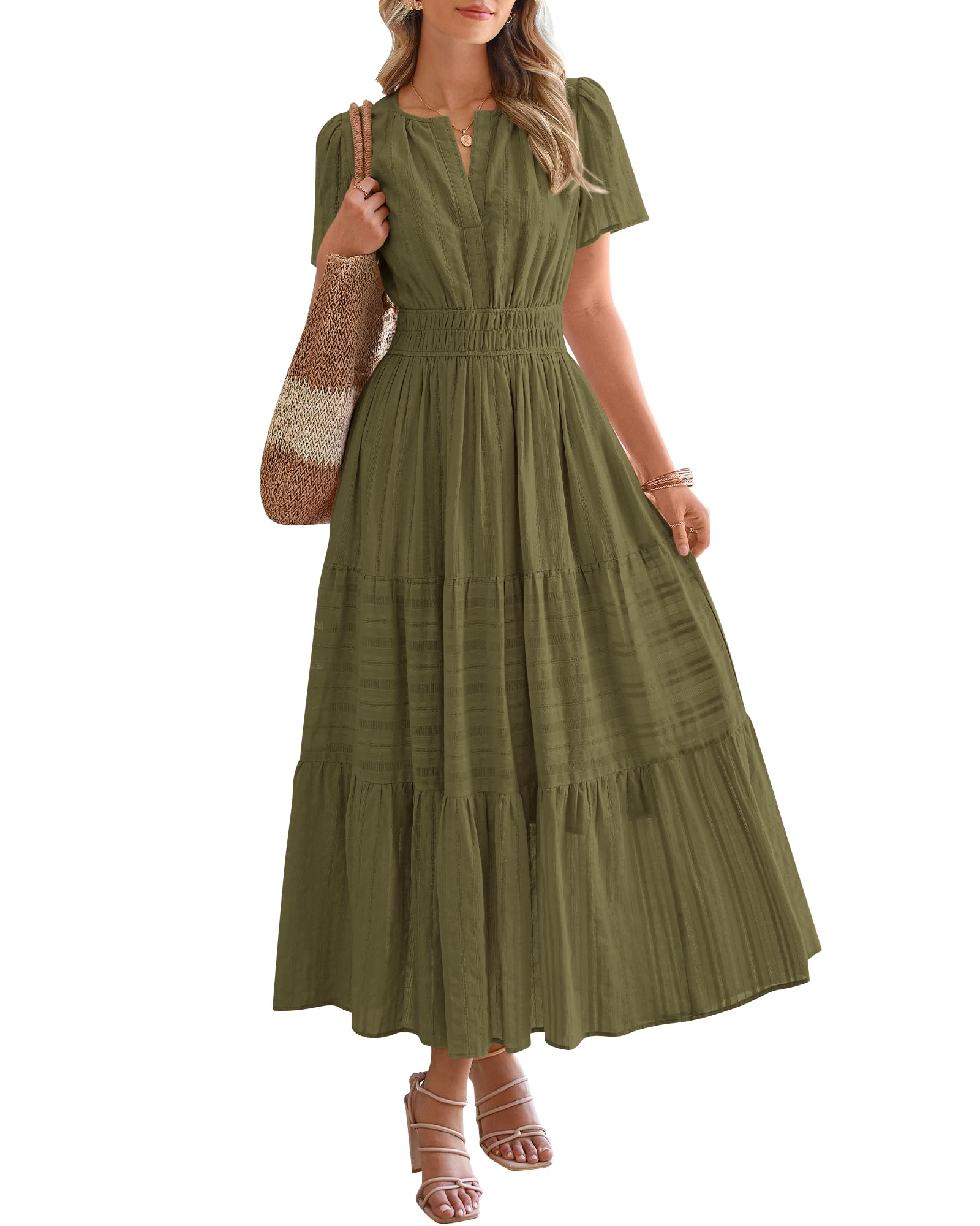 HOT SALE-Women's Lightweight Short Sleeve V Neck Elastic Waist Dresses