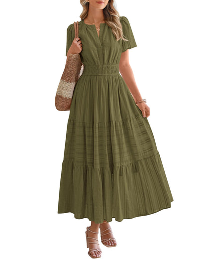 Women's Lightweight Short Sleeve V Neck Elastic Waist Dresses