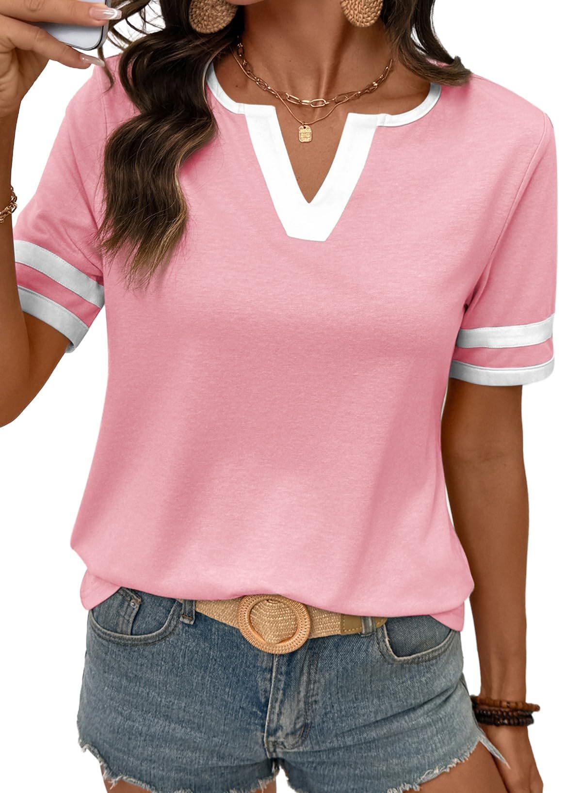 2026 Spring/Summer Women's Casual Colorblock V-Neck T-Shirt