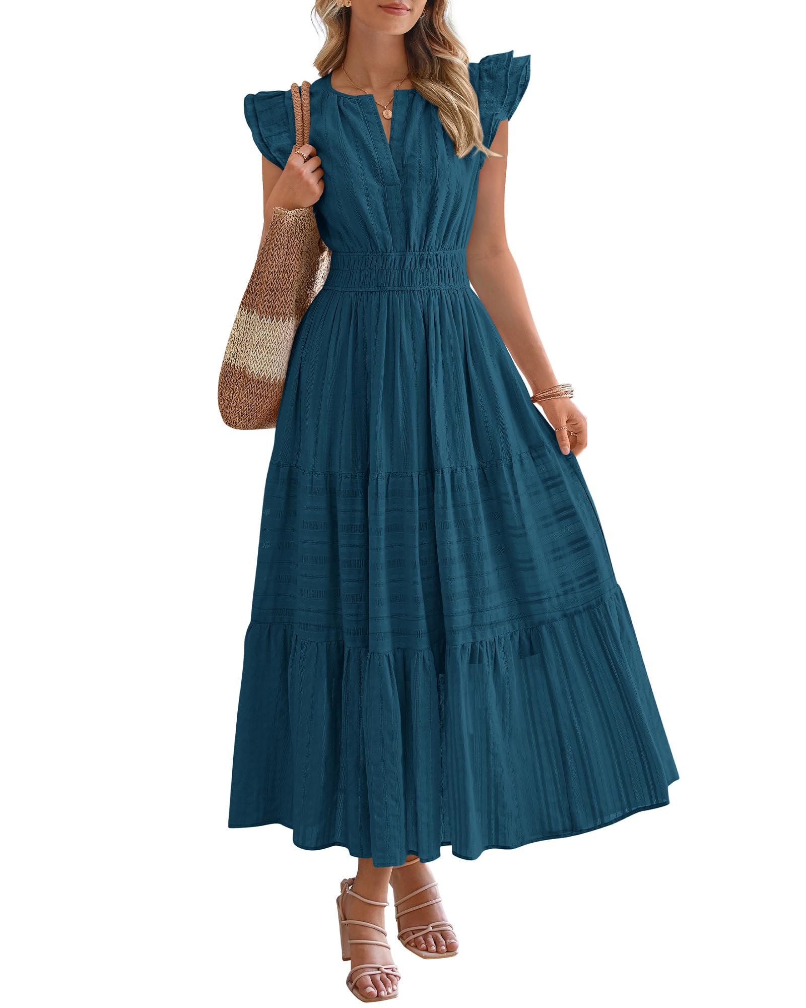 Dresses for Women Spring 2026 Maxi Casual Dress Flutter Short Sleeve V Neck(BUY 2 FREE SHIPPING)