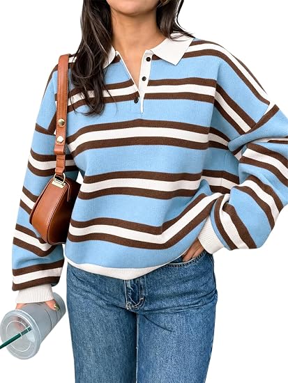 Women's Striped Polo Shirt Casual Pullover Knit Sweater