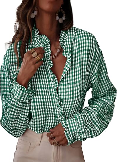 Fashionable women's plaid ruffled V-neck button-down shirt(BUY 2 FREE SHIPPING)