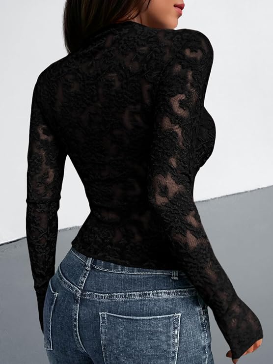 Textured Lace Mesh Long Sleeve Top