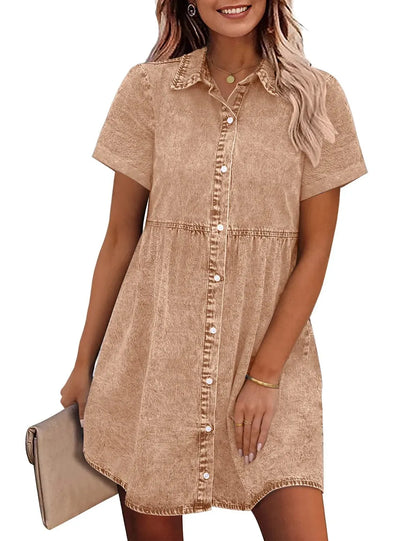 Women's Short Sleeve Button Down Flowy Tiered Babydoll Denim Dress（Buy 2 Free Shipping）