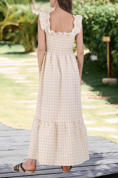 Women's Retro Plaid Smocked Dress Spaghetti Strap Flounce Long Dress
