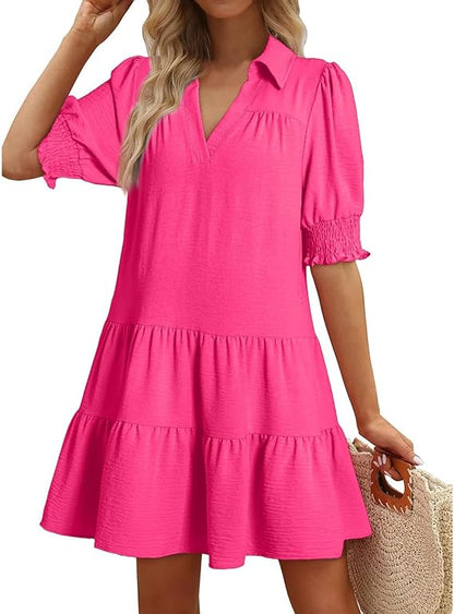 Women's Layered V-Neck Dress with Lapels and Puff Sleeves（BUY 2 FREE SHIPPING)