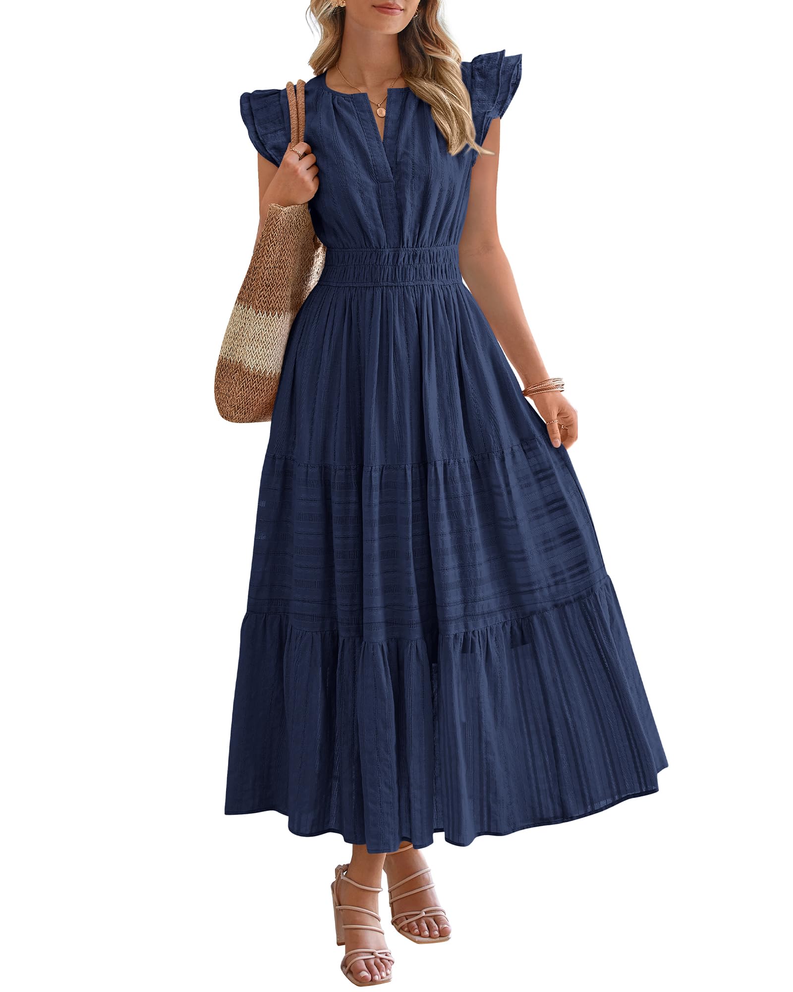 Dresses for Women Spring 2026 Maxi Casual Dress Flutter Short Sleeve V Neck(BUY 2 FREE SHIPPING)