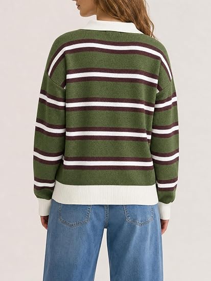 Women's Striped Polo Shirt Casual Pullover Knit Sweater