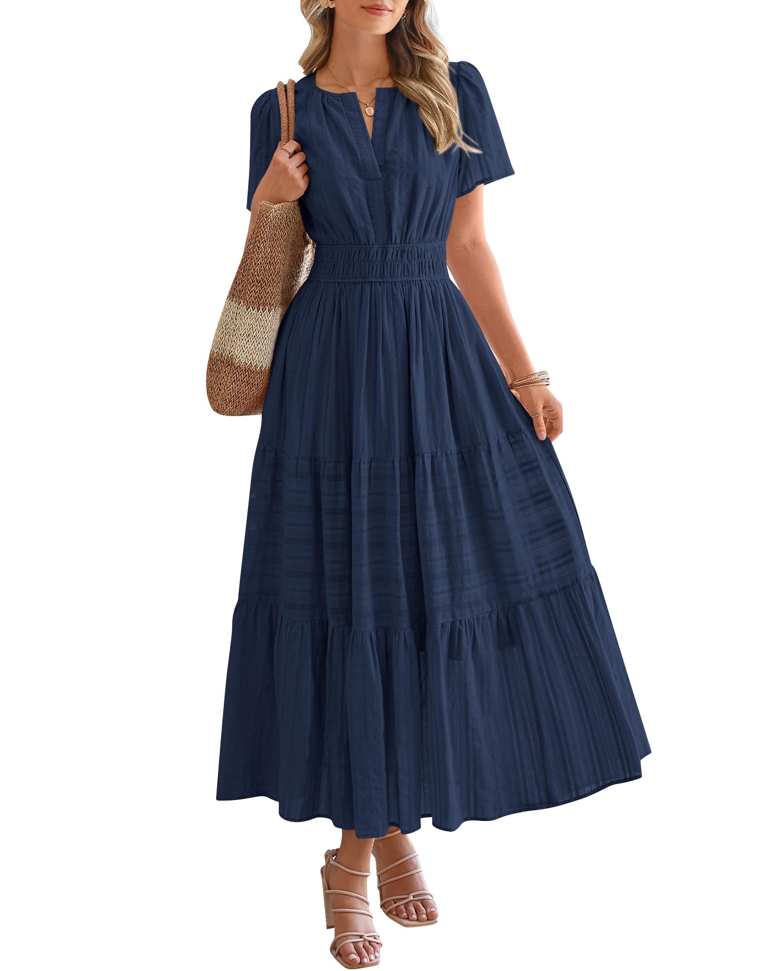 HOT SALE-Women's Lightweight Short Sleeve V Neck Elastic Waist Dresses