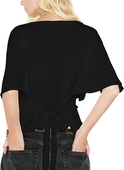 Women's Summer High-Elastic Cropped Round Neck Batwing Sleeve Back Tie T-Shirt（BUY3 FREE SHIPPING)